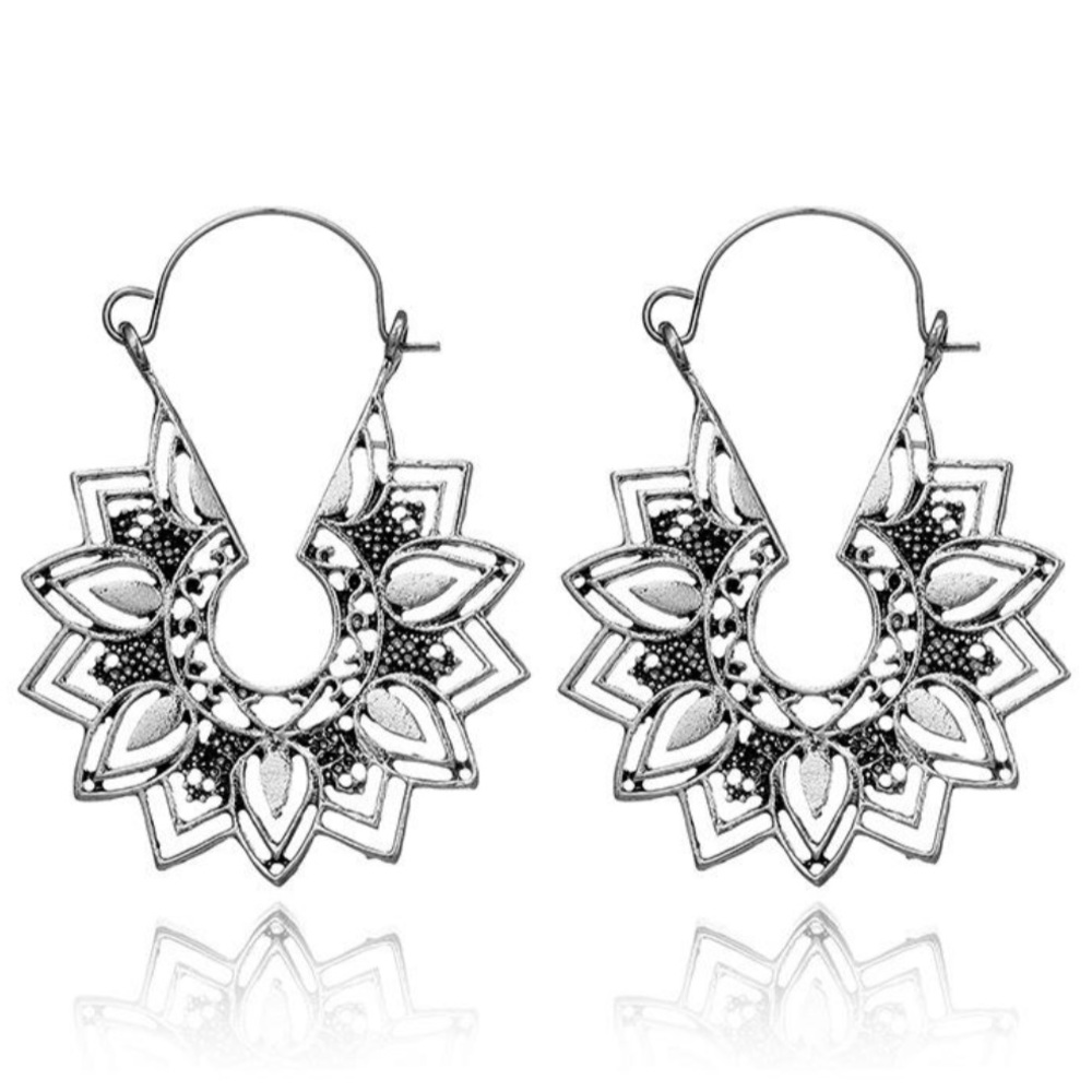 Silver Geometric Hollow Flower Drop Earrings - Picture 2 of 2